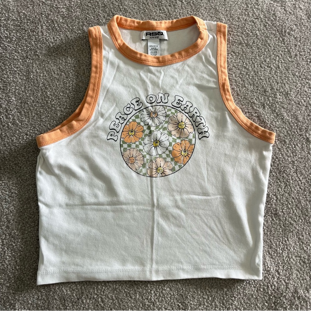 RSQ Girl’s Cropped Tank Top Peace On Earth Size XL Women’s S Y2K Flower Child
